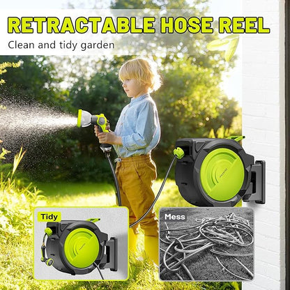 Retractable Garden Hose Reel,1/2 in x 150 ft Wall Mounted Garden Hose Reel,UV Resistant with 10 Pattern Nozzle,Any Length Lock, Slow Return System,180°Swivel Bracket(Green)