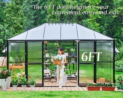 Jocisland 14x9.5x9 FT Outdoor Aluminum Greenhouse with Quick Connect Fittings, 6 FT Height Double Doors with Hook, Polycarbonate Walk-in Greenhouse for Backyard, Black