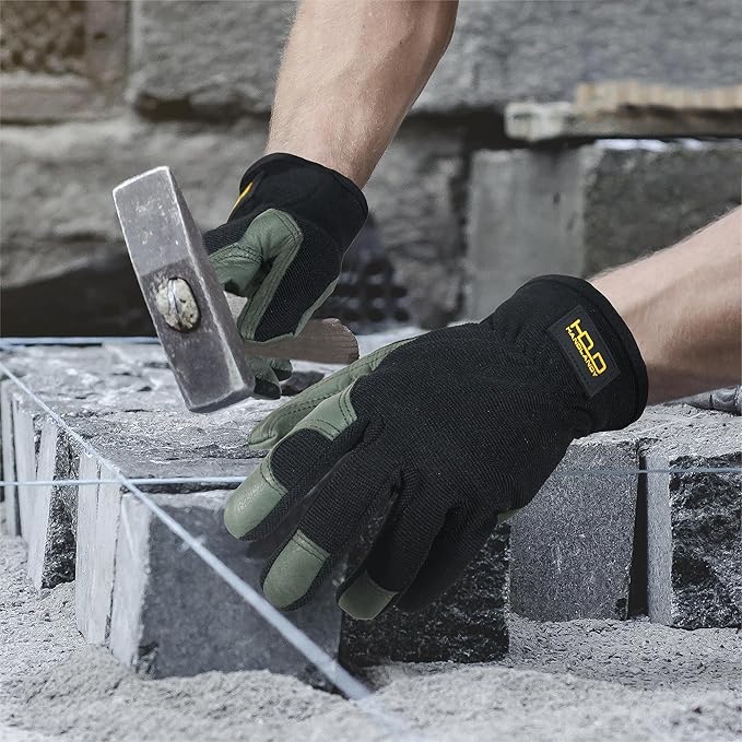 HANDLANDY Men Leather Gardening Gloves, Utility Work Gloves for Mechanics, Construction, Driver