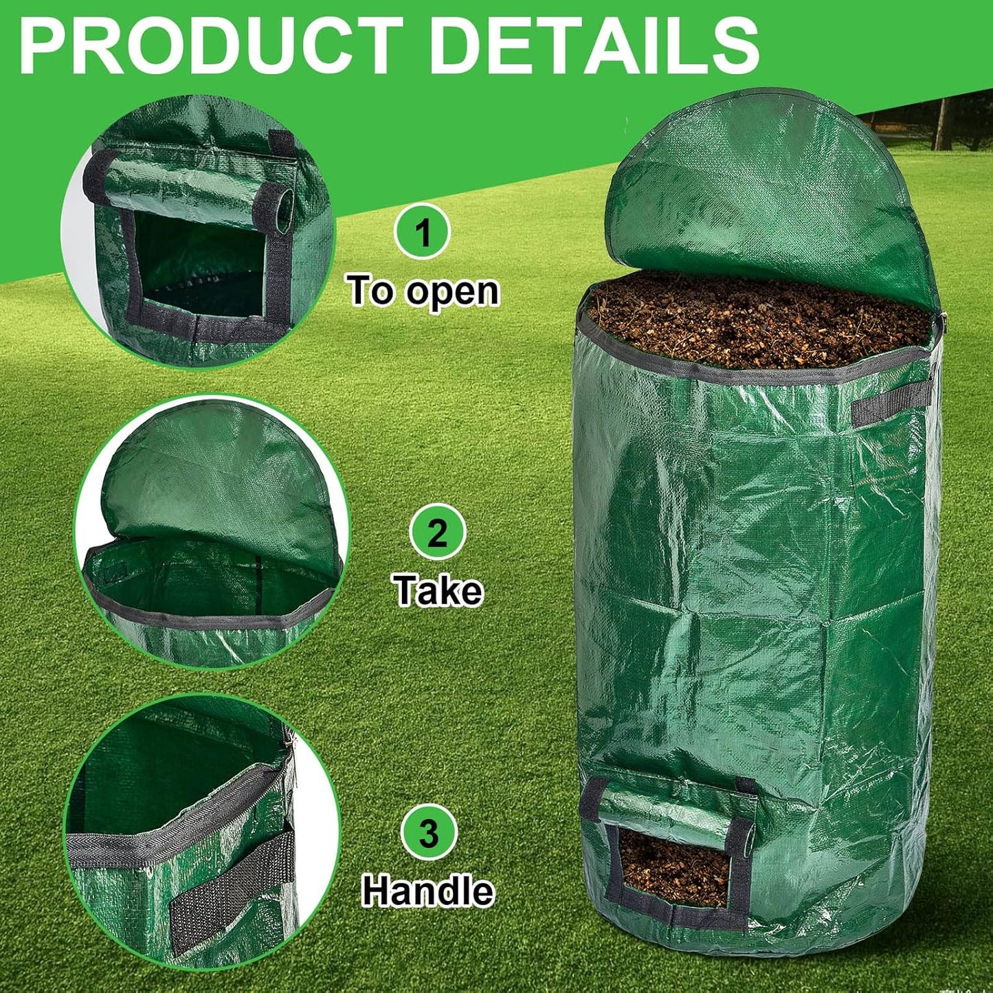 Ctosree 4 Pieces Compost Bin Bags Large 34 Gallon Reusable Yard Waste Lawn Bags Heavy Duty Garden Composting Garbage Can Outdoor Container with Zipper Lid and Handles for Loading Leaf Trash