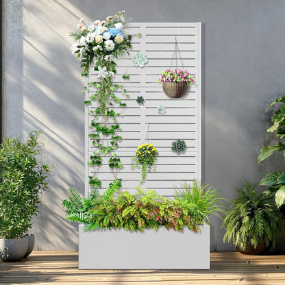 Metal Raised Garden Bed with Trellis, 2 in 1 Trellis with Planter Box & Privacy Screen for Climbing Plants, Vine, Outdoor Standing Flower Beds with Drainage Holes, 35.4"L x 15.7"W x 70.9"H, White