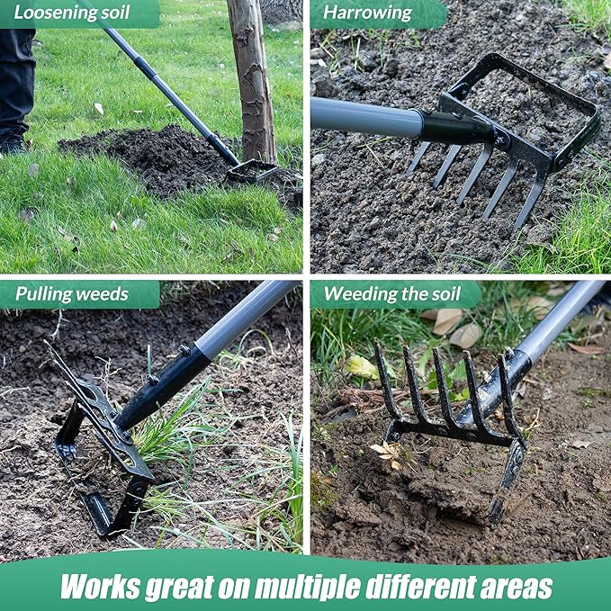 Suchtale 82 Inch Stirrup Hoe and 5-Tines Rake, Action Hoe for Weeding, 2 in 1 Scuffle Hoe with 37-82"Adjustable Handle, Hula Hoe Cultivator for Loosening Soil, Loop Hoe for Garden Weeding and Planting