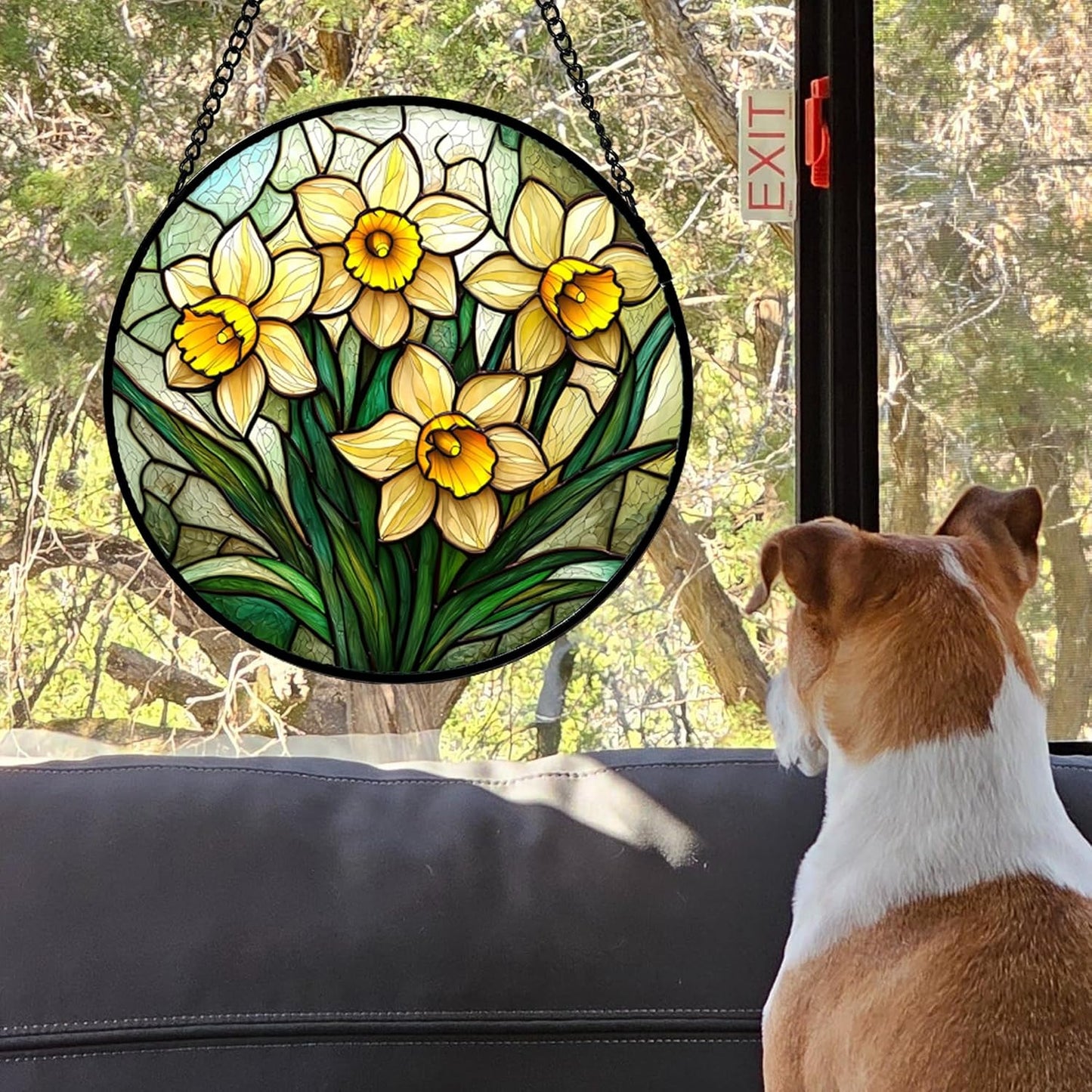 Stained Glass Window Hanging, Daffodil Plant Flowers Sun Catchers Diamond Glass Panel Hangings Suncatcher Decor for Birthday for Women, Men, Wife, Aunt, and Mom 14.9x14.9 in