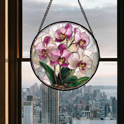Stained Glass Window Hanging - Pink Purple Phalaenopsis Flowers Sun Catcher for Door Home Decor Plant Suncatcher Christmas Mother's Day Birthday Gifts for Women Men Mom Nana 9.8 in