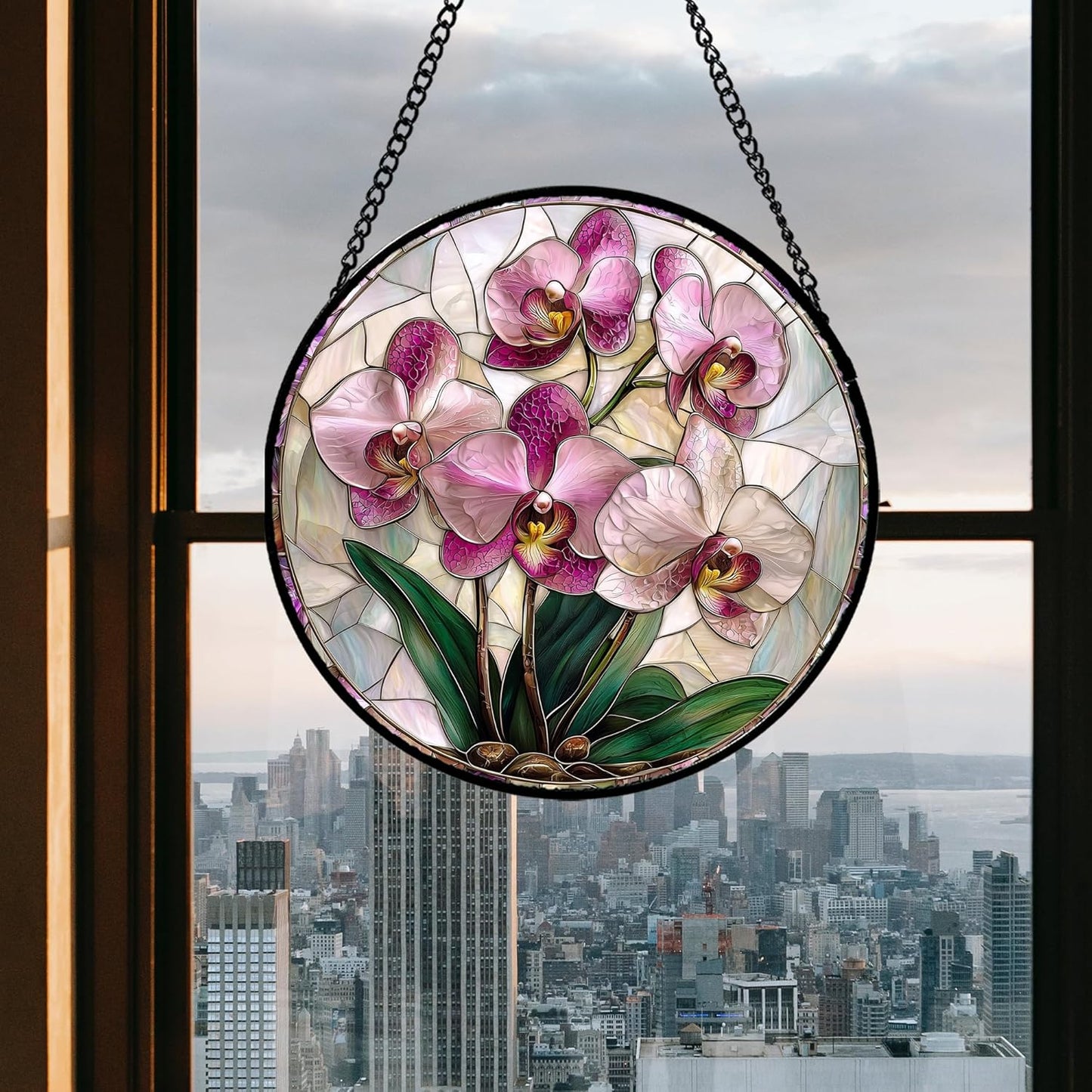 Stained Glass Window Hanging - Pink Purple Phalaenopsis Flowers Sun Catcher for Door Home Decor Plant Suncatcher Christmas Mother's Day Birthday Gifts for Women Men Mom Nana 11.8 in
