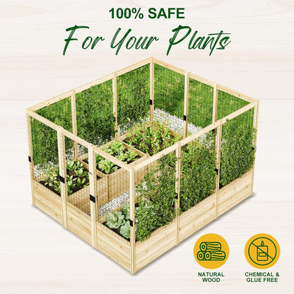 AMERLIFE Raised Garden Bed with Deer Proof Fence, 7.5Wx9Dx6H Outdoor Wooden Raised Garden Bed Planter with 19" Depth Planter Box