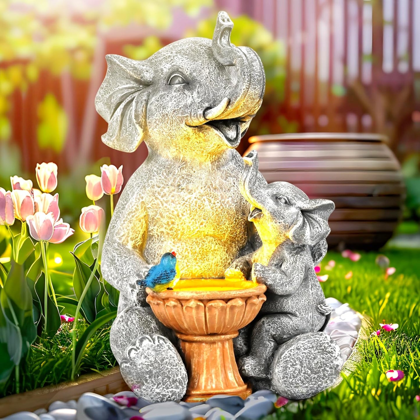 GIGALUMI Solar Garden Decor Bird Bath Elephant Statues Outdoor, Birthday Gifts for Women, Gifts for Mom Grandma Senior Elder, Elephant Ornament for Balcony, Garden, Patio, Yard, Lawn