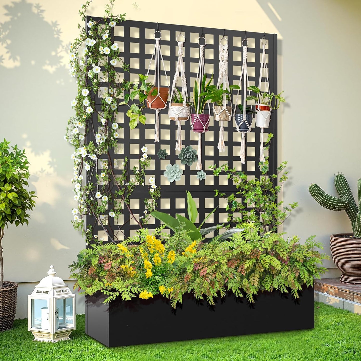 Metal Raised Garden Bed, Trellis Planters Bed with Drainage Holes for Climbing Plants, Vegetables Outdoor Privacy Screen with Planter Box 73"x47"x16", Black