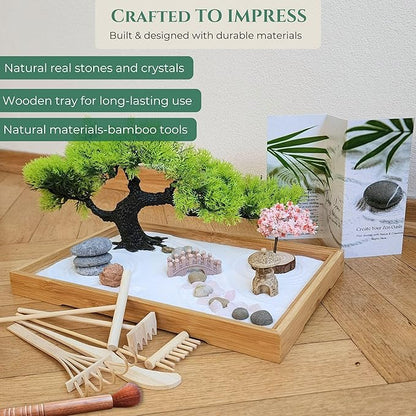 Zen Garden for Desk – Mini Japanese Rock Garden with Crystals, Bonsai Tree & Sand Tools,11x7.5in Stress Relief Desk Decor, Meditation & Relaxation Gift Set (Natural Bamboo)