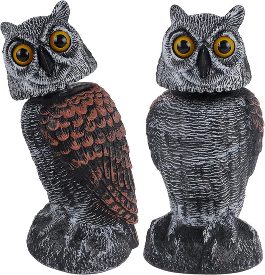 Hausse 2 Pack Bird Scarecrow Fake Owl Decoy Sculpture, Rotating Head Plastic Owl Bird Deterrents, 10.6 Inch Height Nature Enemy Horned Pest Repellent for Outdoor Garden Yard