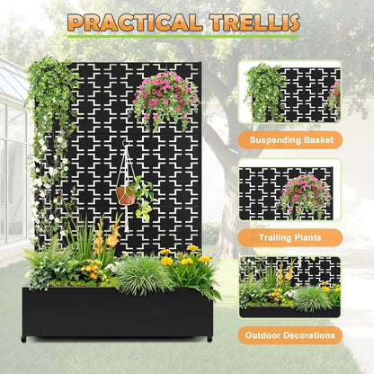 Metal Raised Garden Bed with Trellis, 2-in-1 Planter Box & Privacy Screen for Climbing Plants, Outdoor Standing Flower Bed with Drainage Holes, 47.2" L x 16.7" W x 70.8" H, Black-Square