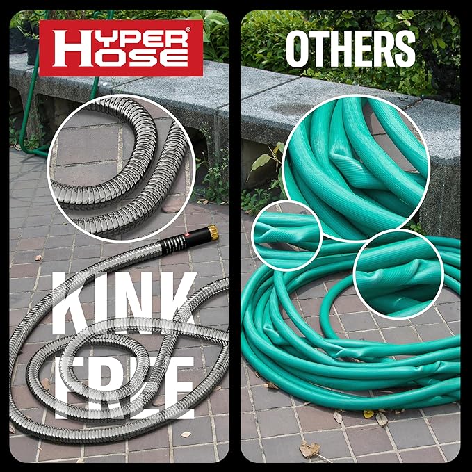 Best 50 ft Metal Garden Hose Set - No-Kink Durable 316 Stainless Steel, 10-Way Zync Spray Nozzle & Hook – Tough Flexible Heavy Duty Water Hoses, Naval Brass, Rust, Weather, LeakProof