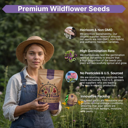 Organo Republic 23 Wildflower Seeds Annual & Perennial Mix for Indoor & Outdoors, Attract Birds & Butterflies 100,000+ Non-GMO, Heirloom Garden Seeds, 4oz Packet for Growing Wild Flowers