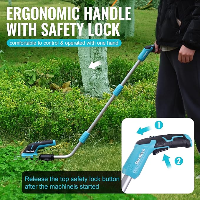 DURATECH Cordless Hedge Trimmer, 3.6V 3-in-1 Handheld Electric Grass Trimmer & Hedge Shears with 50" Wheeled Extension Pole, USB Type-C Cable and Built-in Li-ion Battery, for Garden, Yard and Lawn