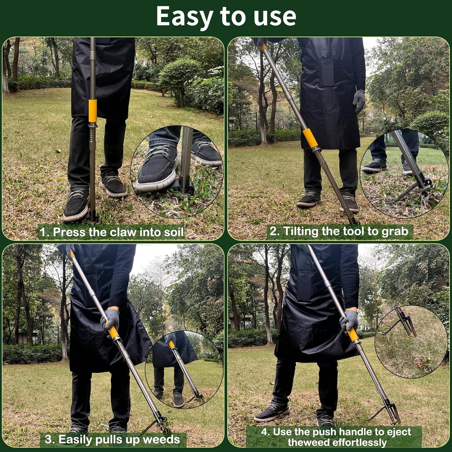 Metal Manual Weeder-48 Stand Up Weed Puller Tool with Steel Push Handle - Made with All Steel & 4-Claw Steel Head-Easily Remove Weeds in Garden Yard Lawn Without Bending Or Kneeling