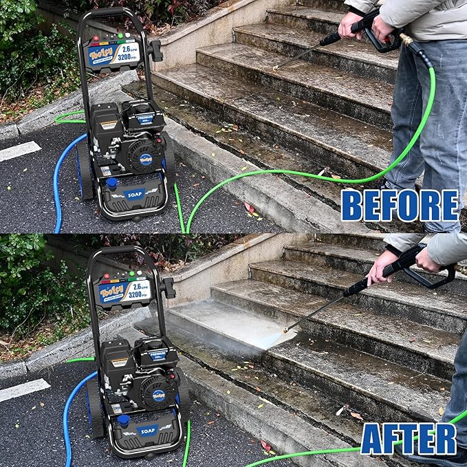 TOOLCY Gas Pressure Washer 3200 PSI & 2.6 GPM, High Performance Engine, Includes Swivel Spray Gun and Wand, 35FT Power Washer Hose, 5 Nozzle Tips, Onboard Soap Tank, for Cars/Driveways/Homes