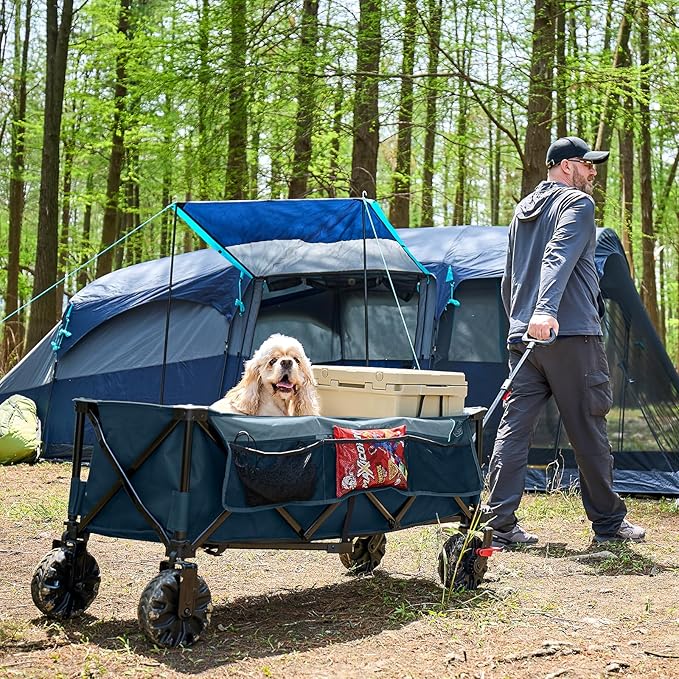 Timber Ridge 51.2" Extended Collapsible Wagon - Heavy-Duty Utility Cart with All-Terrain Wheels, Brakes & Cargo Net, 400L Capacity for Camping, Sports & Shopping, Blue