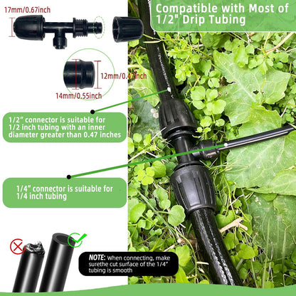 4 Pack 1/2'' to 1/4'' Drip Irrigation Fittings, Push-to-Connect 3 Way Drip Irrigation Part Barbed Tee Connectors, Anti-Leak Locked Splitter Fitting for 1/2" Irrigation Tubing (0.6''-0.67''OD)