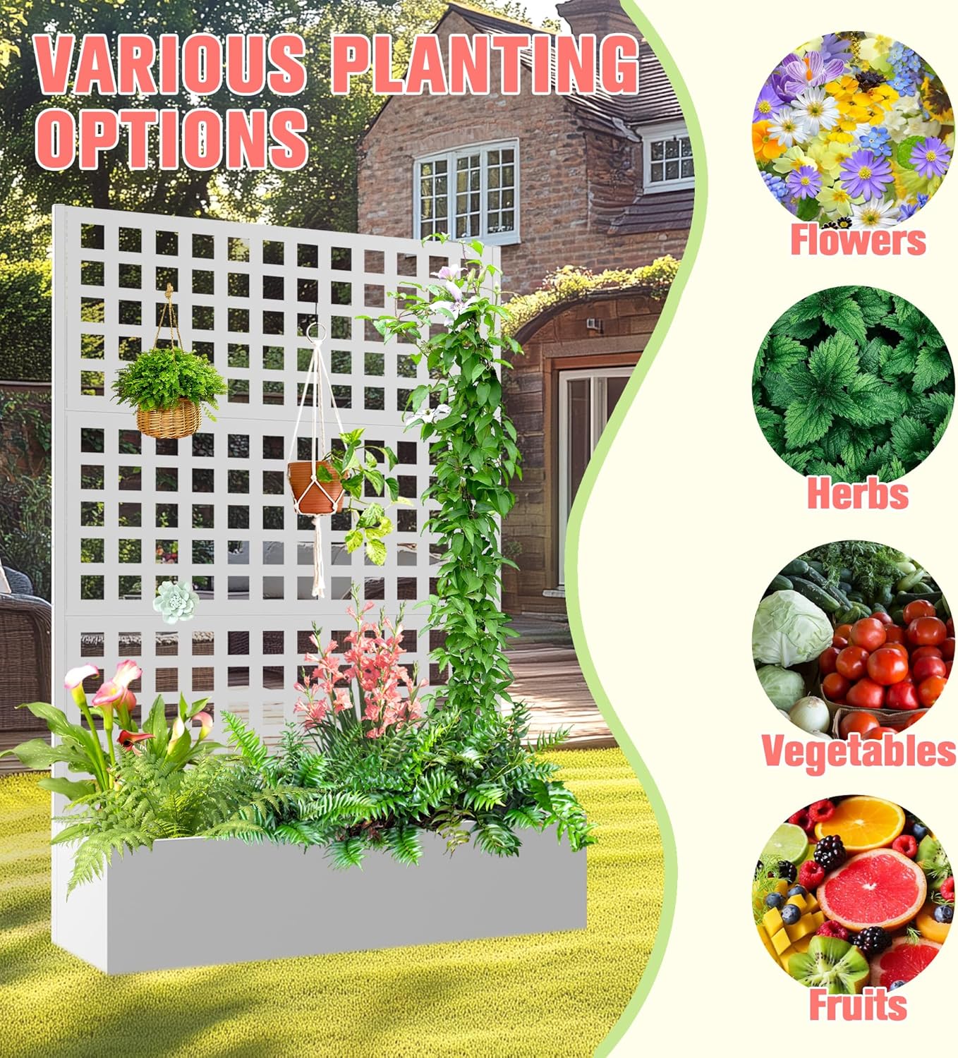 Metal Planter Box with Trellis, Raised Garder Bed with Drainage Hole, Privacy Screen & Trellis for Climbing Plants, Outdoor Plant Stands, 47''L×17''W×71''H, White