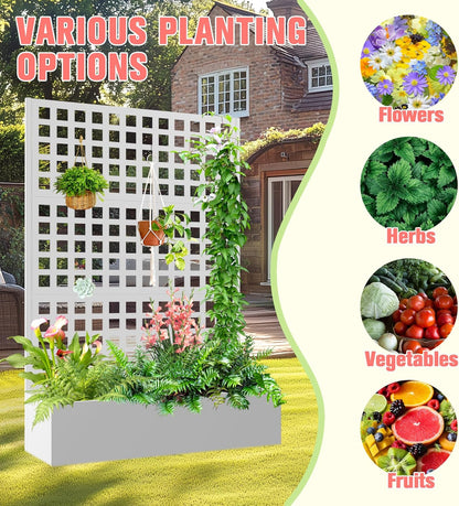 Metal Planter Box with Trellis, Raised Garder Bed with Drainage Hole, Privacy Screen & Trellis for Climbing Plants, Outdoor Plant Stands, 47''L×17''W×71''H, White
