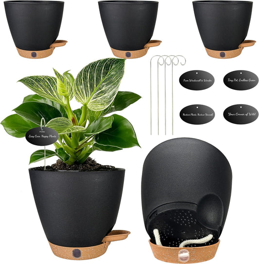 6 Inch Self Watering Pots for Indoor Plants (5-Pack) – Small Plastic Planters with Water Window, Drainage Holes & Trays, Indoor Outdoor Flower Pots for Herbs, Succulents, Home Garden Decor (Black)