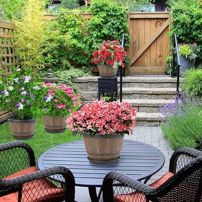 10-inch-Plant-Pots-Indoor-Outdoor, 4 Pack Whiskey Barrel Planters with Drainage Holes & Saucer, Plastic Flower Pots Imitation Wine Barrel Design, Decorative Garden Pots for Plants