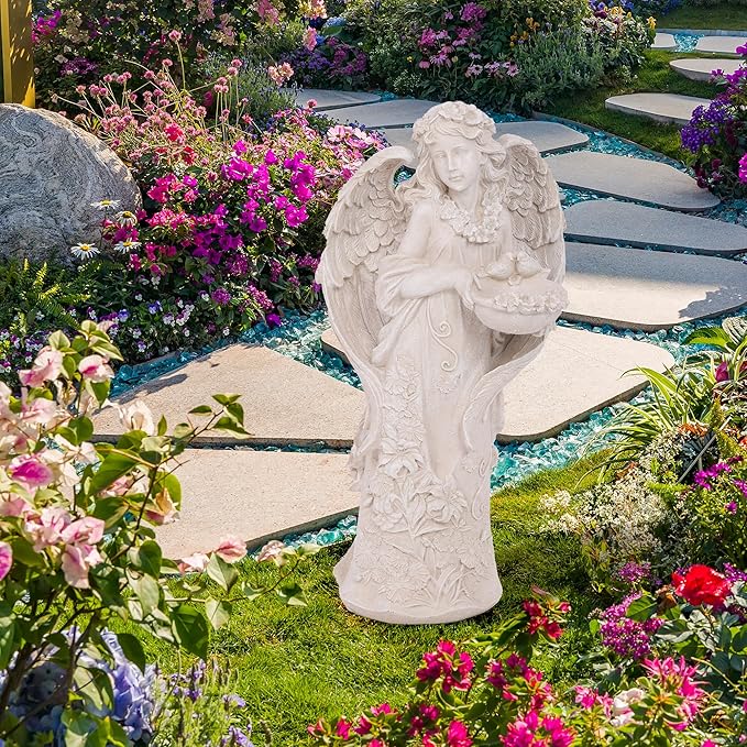 Hanna Roberts Outdoor Statues Angel Décor Garden Statue,23.5" H Angel Statue, Resin Angel with Bird Figurine,Gifts for Women and Men,Outdoor Garden Decor Ornaments for Outside (White)