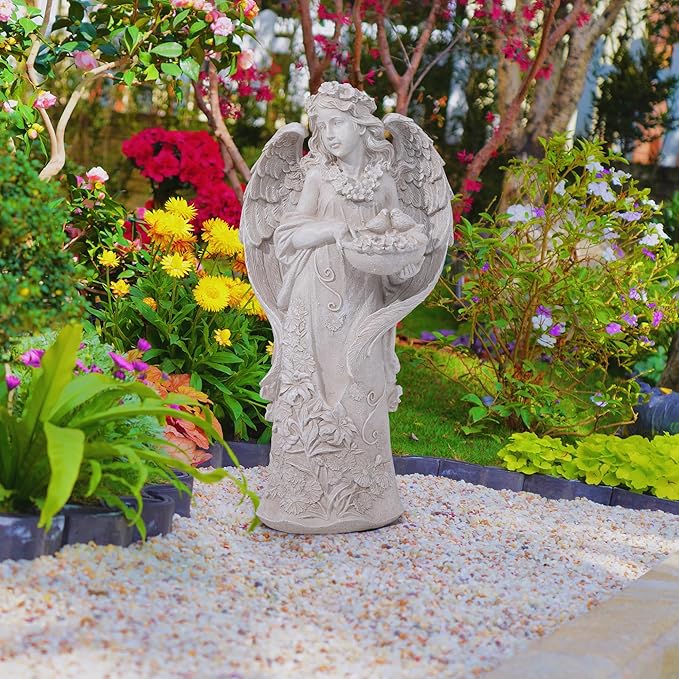 Hanna Roberts Outdoor Statues Angel Décor Garden Statue,23.5" H Angel Statue, Resin Angel with Bird Figurine,Gifts for Women and Men,Outdoor Garden Decor Ornaments for Outside (White)