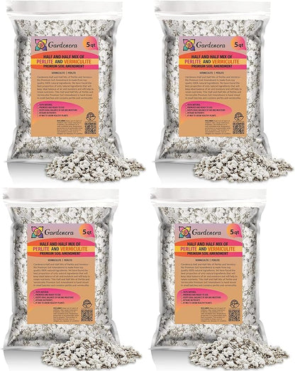 Gardenera Half and Half Mix of Perlite and Vermiculite - 20 Quart - Unlock The Secret to Thriving Plants with a Natural Soil Amendment (4 Bags of 5 Quart)