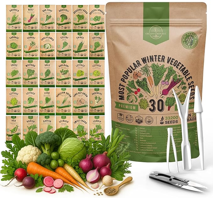 Organo Republic 30 Most Popular Winter Vegetable Garden Seeds Variety Pack- Outdoors/Indoor 33,200+ Non-GMO Heirloom Veggie Seeds Broccoli Beet Carrot Cabbage Chives Lettuce Radish Pea Spinach & More