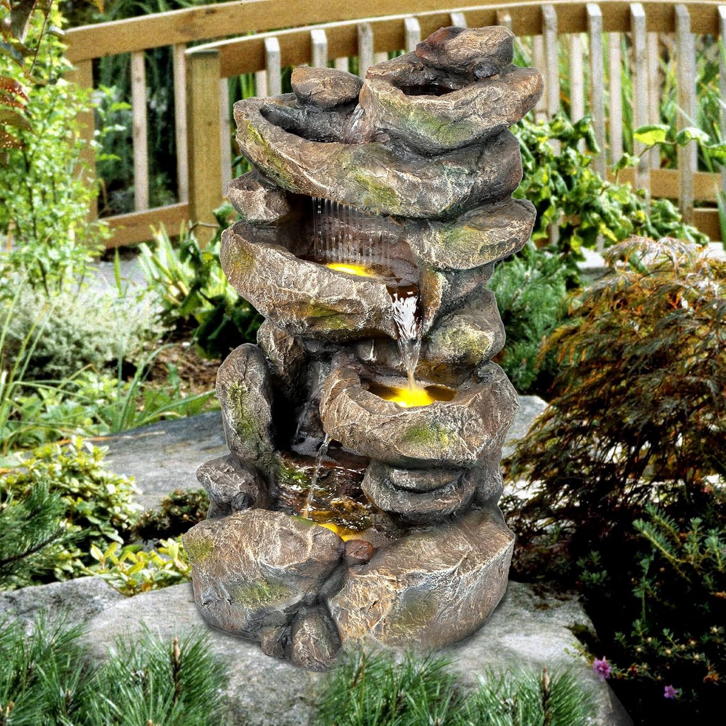Ferrisland 31.5"H Outdoor Floor Waterfall Fountain, 5 Tier Rustic Rock Freestanding Water Fall Feature with Cascading Streams & LED Lights, Home Décor for Garden, Patio, Yard, Deck & Porch, Gift Ideas