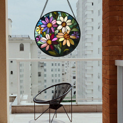 Stained Glass Window Hanging - Colorful Daisies Suncatcher for Door Garden Patio Retro Flower Sun Catchers Decor Christmas Mother's Day Birthday Gifts for Women Mom Nana Aunt Friend 15 in