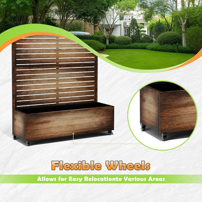 Metal Raised Garden Bed with Trellis, 2-in-1 Planter Box & Privacy Screen for Climbing Plants, Outdoor Standing Flower Bed with Drainage Holes, 47.2" L x 16.7" W x 70.8" H, Vintage Wood Grain