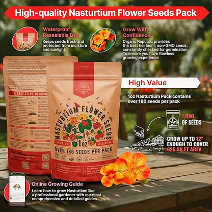 Nasturtium Seeds Pack 1 oz - Non-GMO Heirloom Flower Seeds for Planting, Edible Flowers in Individual Seed Packet, Nasturtium Seed for Planting Home Garden Indoor & Outdoor Gardening