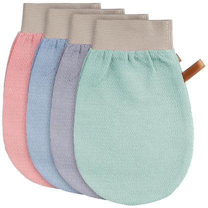 4 Pcs Exfoliating Glove Korean Exfoliating Mitt Body Exfoliator Glove Scrub Gloves Shower Gloves Dead Skin Remover for Body, Self-Tan Prep & Removal, Blue, Green, Black, Pink