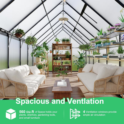 8'x16' Aluminum-Framed Polycarbonate Greenhouse, Heavy Duty Polycarbonate Greenhouse with Quick Setup Structure and Roof Vent, Large Enhanced Aluminum GreenhouseKit for Outdoors