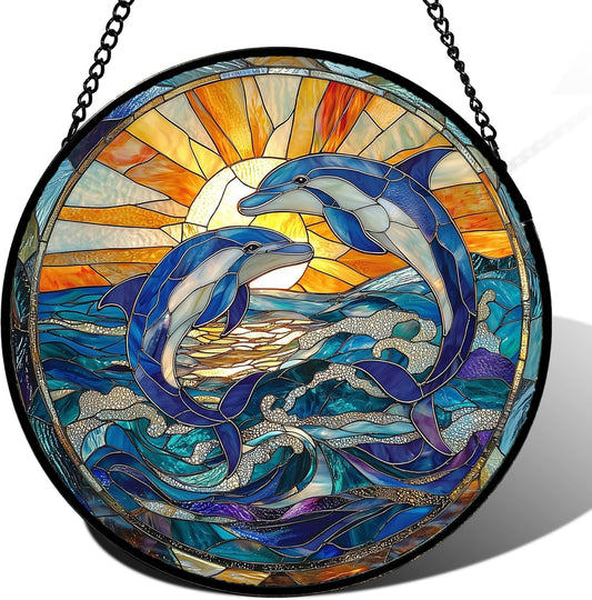 Stained Glass Window Hanging, Blue Dolphin Sun Catchers Colorful Glass Panel Sunrise Sea View Suncatcher Decor for Birthday for Women, Men, Wife, Aunt, and Mom 14.9x14.9 in