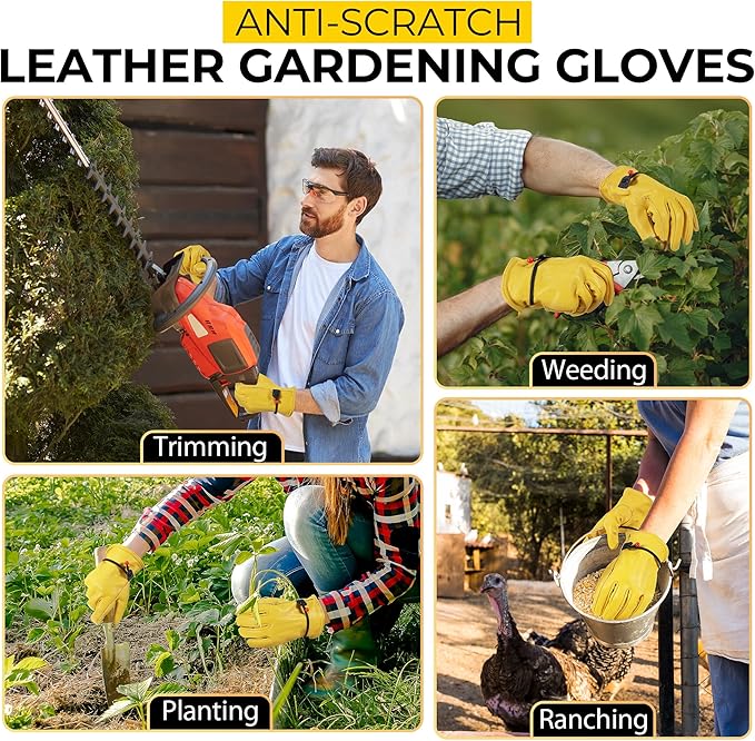 HANDLANDY Men Leather Gardening Gloves, Utility Work Gloves for Mechanics, Construction, Driver