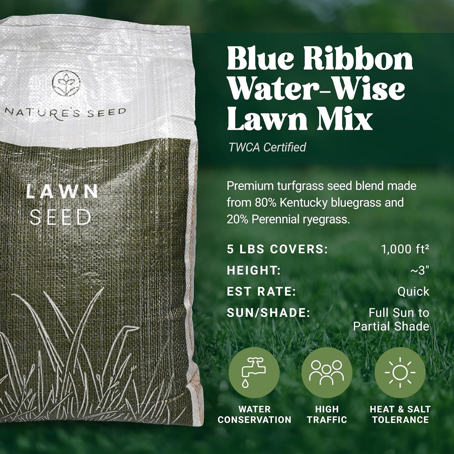 Nature’s Seed TWCA Water-Wise Blue Ribbon Mix, Kentucky Bluegrass and Perennial Ryegrass Grass Seed Blend, High-Traffic, Shade Tolerant, for Garden, Lawn, Yard, 5 lbs