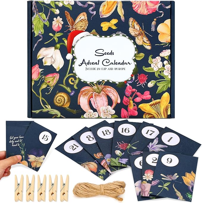 Seeds Advent Calendar 2025 Christmas Countdown - Non-GMO Heirloom Seeds 24 Types of Perennial Flower Seeds for Planting - Unique Christmas Garden Hanging Decoration for Women Adults Kids Family