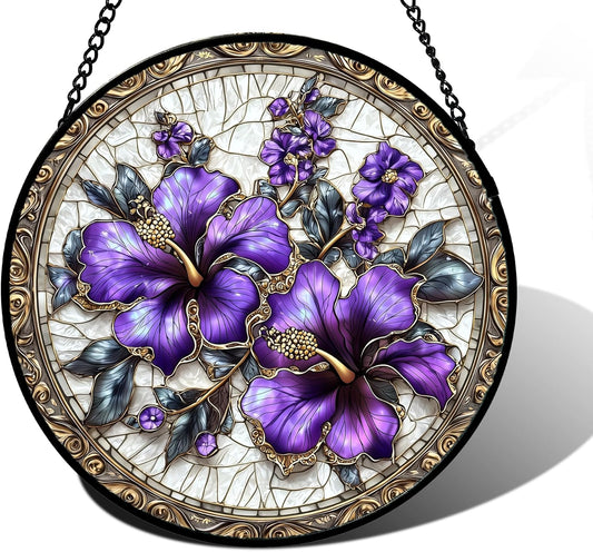 Stained Glass Window Hanging, Purple Flowers Romantic Suncatcher for Doors Home Sun Catchers Decoration and Christmas, Mother's Day Birthday Gifts for Women, Men, and Mom 7.8 in