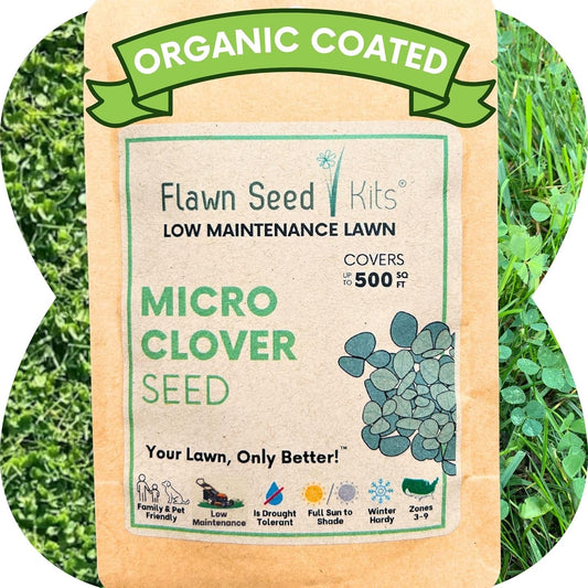 Flawn Seed Kits 2.2 oz Micro Clover Seed, Organic Coated, Eco-Friendly, Low Growing, Low Maintenance, Lawn Alternative, Compostable Pouch, Over-Seed up to 500 Sqft