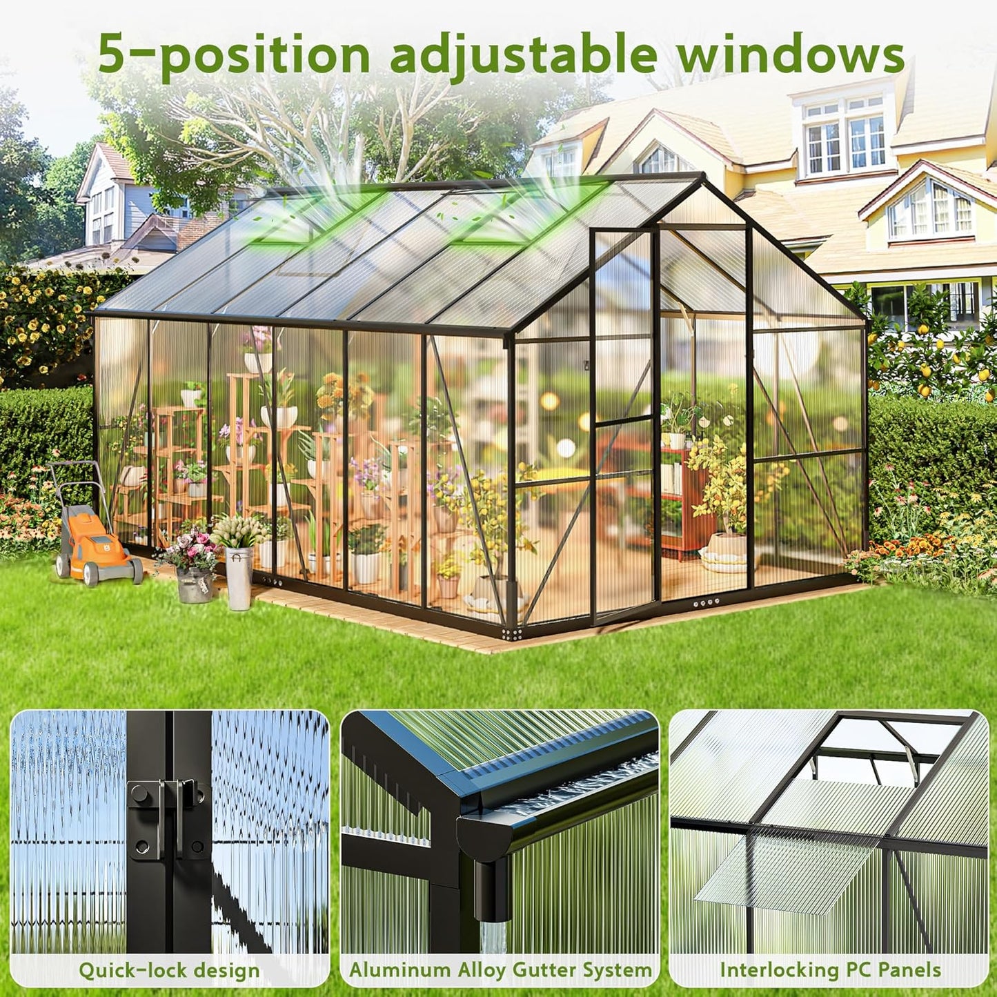 Wanan 12x8FT Greenhouses for Outdoors, Quick Assembly Polycarbonate Green House with UV Protection, Heavy Duty Windproof Aluminum Frame, Adjustable Roof Vent for Backyard or Outdoor Garden Use