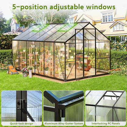 Wanan 12x8FT Greenhouses for Outdoors, Quick Assembly Polycarbonate Green House with UV Protection, Heavy Duty Windproof Aluminum Frame, Adjustable Roof Vent for Backyard or Outdoor Garden Use