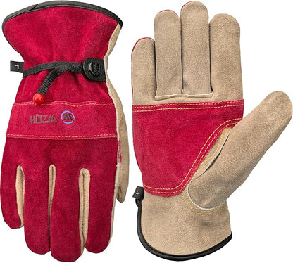 Leather Work Gloves for Women, Large Glove for Gardening, Tig/Mig Welding, Construction, Chainsaw, Farm, Ranch, etc. Cowhide, Cotton Lined, Utility, Firm Grip, Durable. Rose Red - Grey L