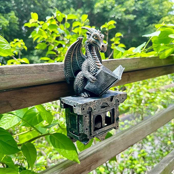 Garden Dragon Statue Tree Hugger Solar Powered Outdoor Figurine Wall Hanging Decor Cute and Reading Magic Book Resin Sculpture Home Decoration Porch Patio Lawn Farm Yard Housewarming Ornament Gift