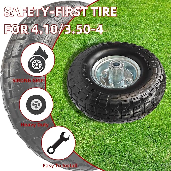 10" Replacement Tire and Wheel 4.10/3.50-4",10 inch Pneumatic Utility Tires for Gorilla Cart, Dolly, Hand Truck, Lawnmower, Garden Wagon with 5/8” Axle Bore Hole - Double Sealed Bearings (2 pack)