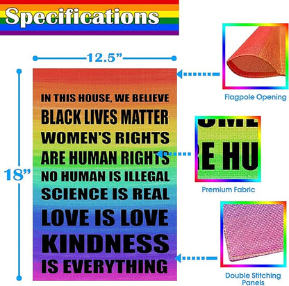 Pride Flag Garden Flags for in This House We Believe Science Is Real Black Lives Matter Vertical Double Sided 12.5"X18" Indoor Yard Outdoor Decoration
