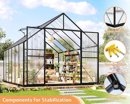 Jocisland 8x11.5x7 FT Polycarbonate Greenhouses for Outdoors, 2 Top-Opening Windows, 2 Swing Doors, Aluminum Walk-in Heavy Duty for Outdoor Use, Backyard Garden, Black