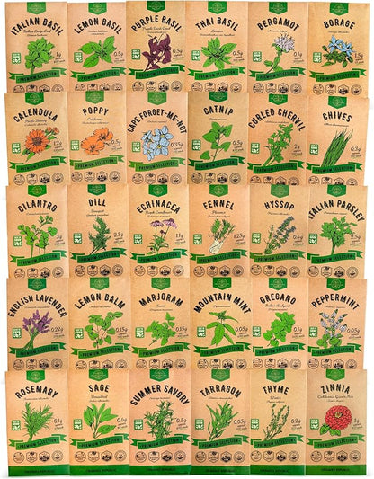 Organo Republic 30 Culinary Herbs & Edible Flower Seed Variety Pack- Indoor/Outdoor. 14000+ Non-GMO Heirloom Flower Seeds: Basil, Borage, Echinacea, Lavender, Oregano, Rosemary Seeds & More